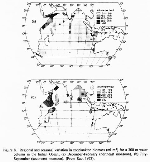 Rao (1973) provides maps of the distribution of zooplankton biomass for the 
